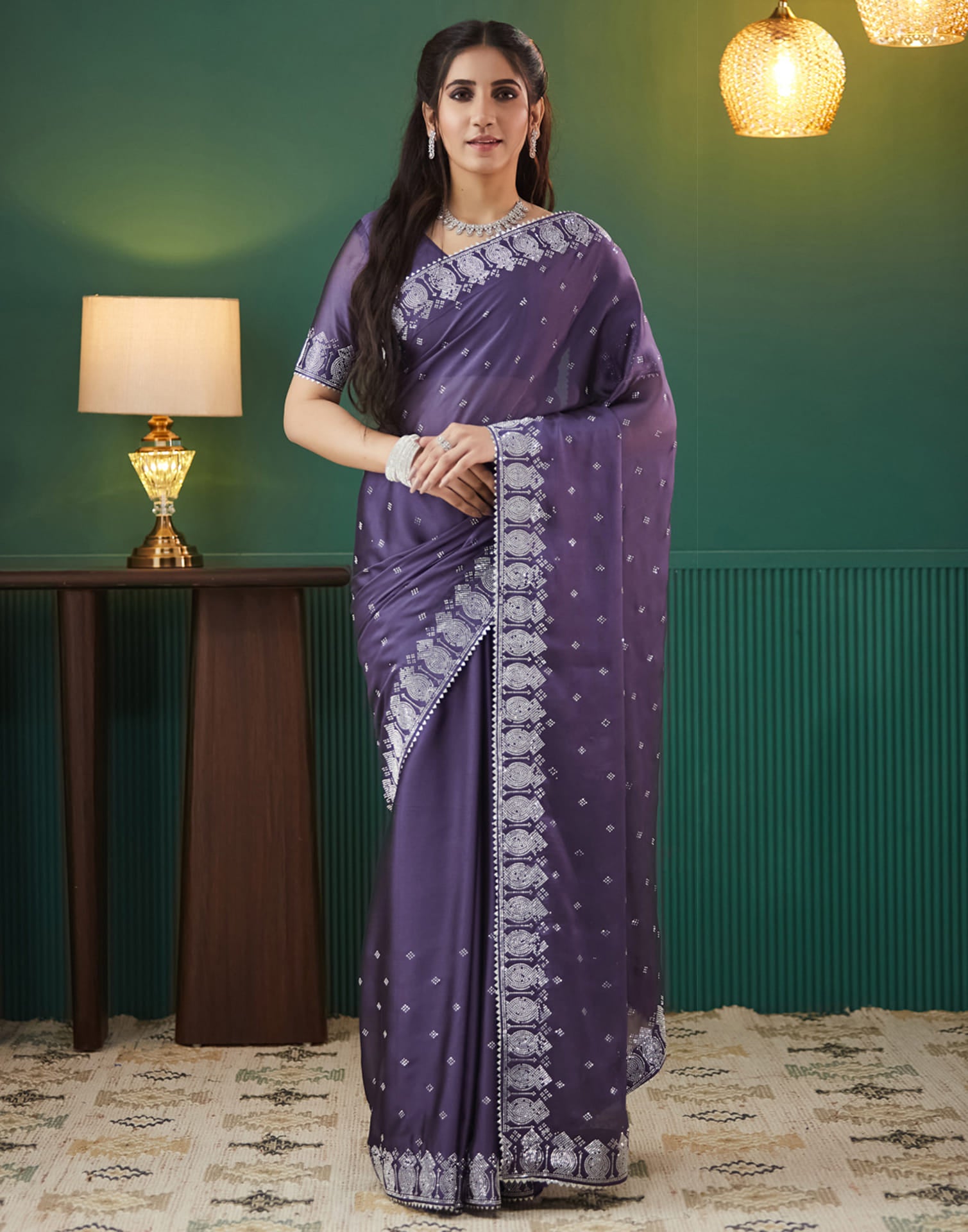 Purple Georgette Swarovski Embellished Saree