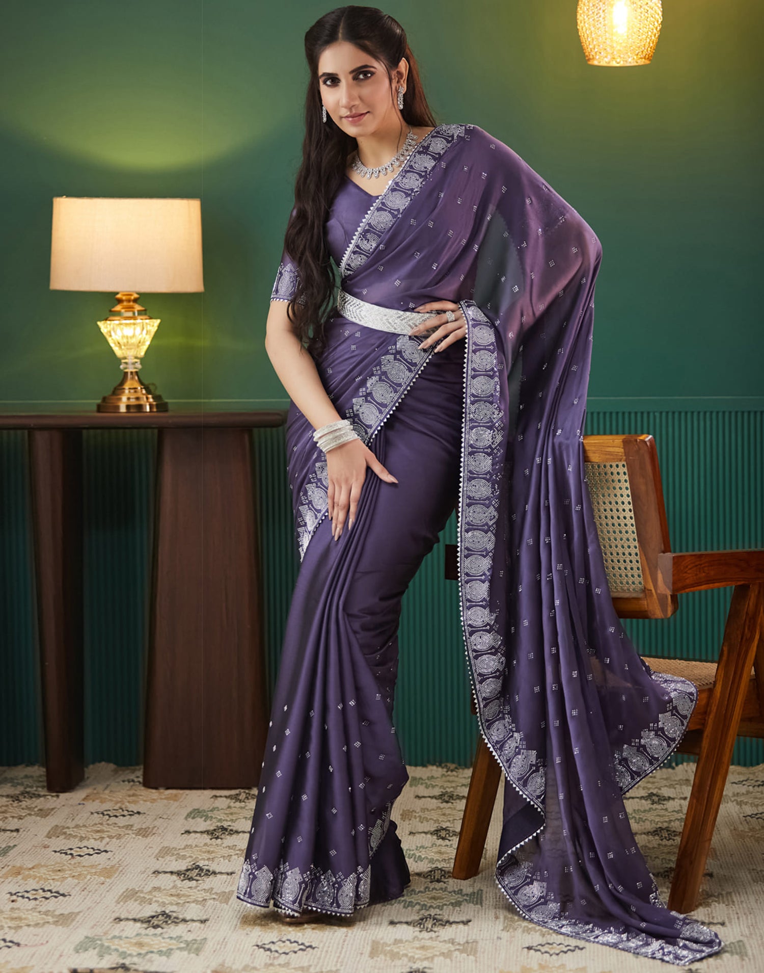 Purple Georgette Swarovski Embellished Saree