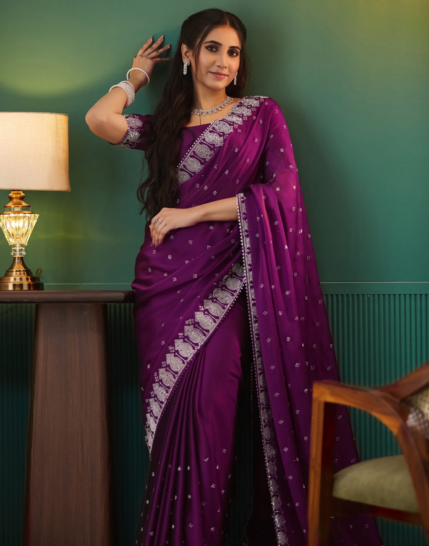 Purple Georgette Swarovski Embellished Saree