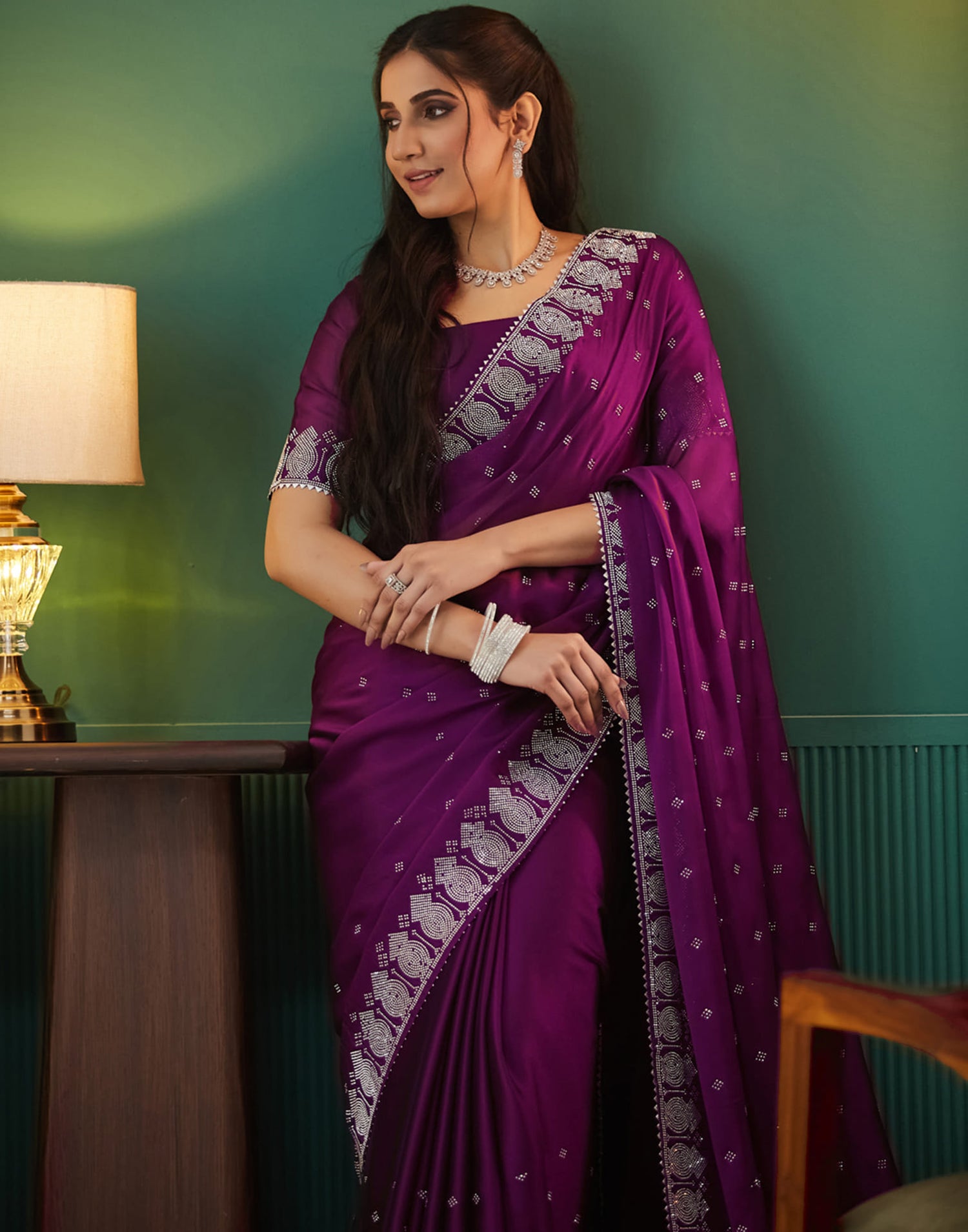 Purple Georgette Swarovski Embellished Saree