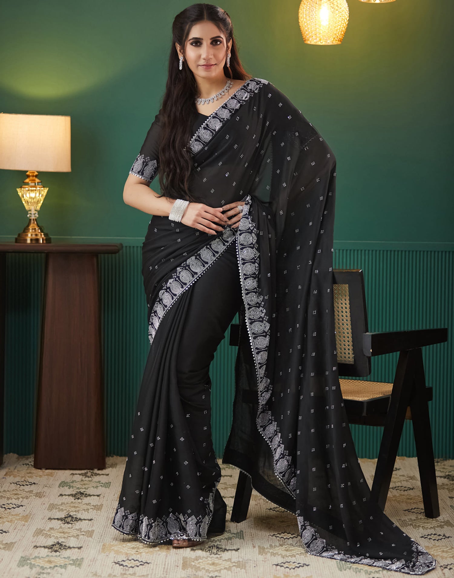 Black Georgette Swarovski Embellished Saree