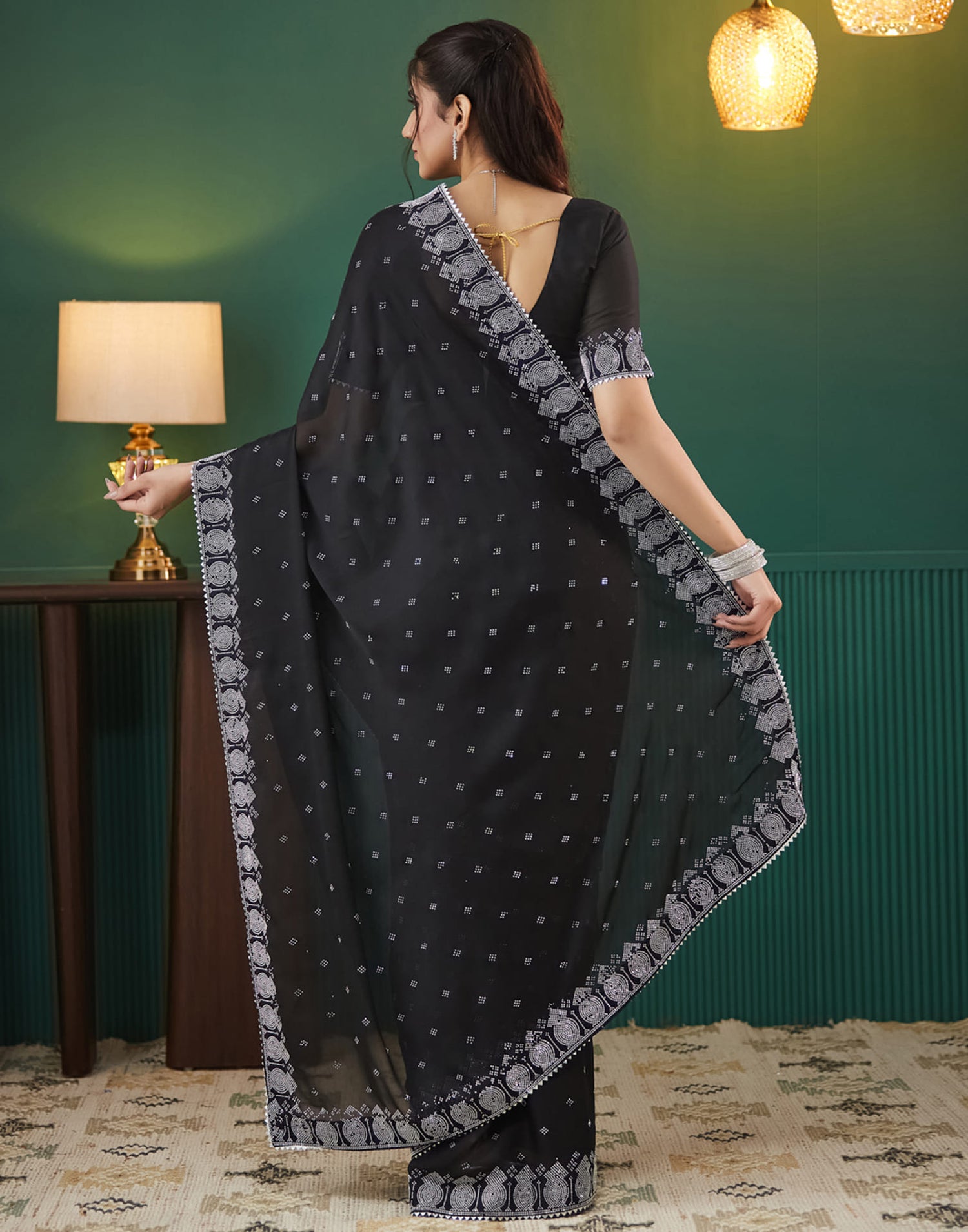 Black Georgette Swarovski Embellished Saree