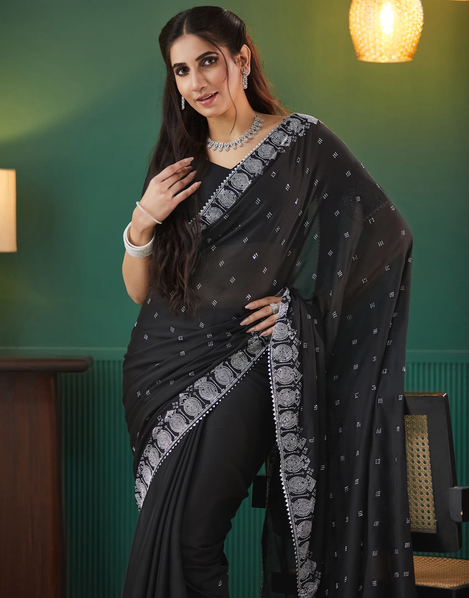 Black Georgette Swarovski Embellished Saree