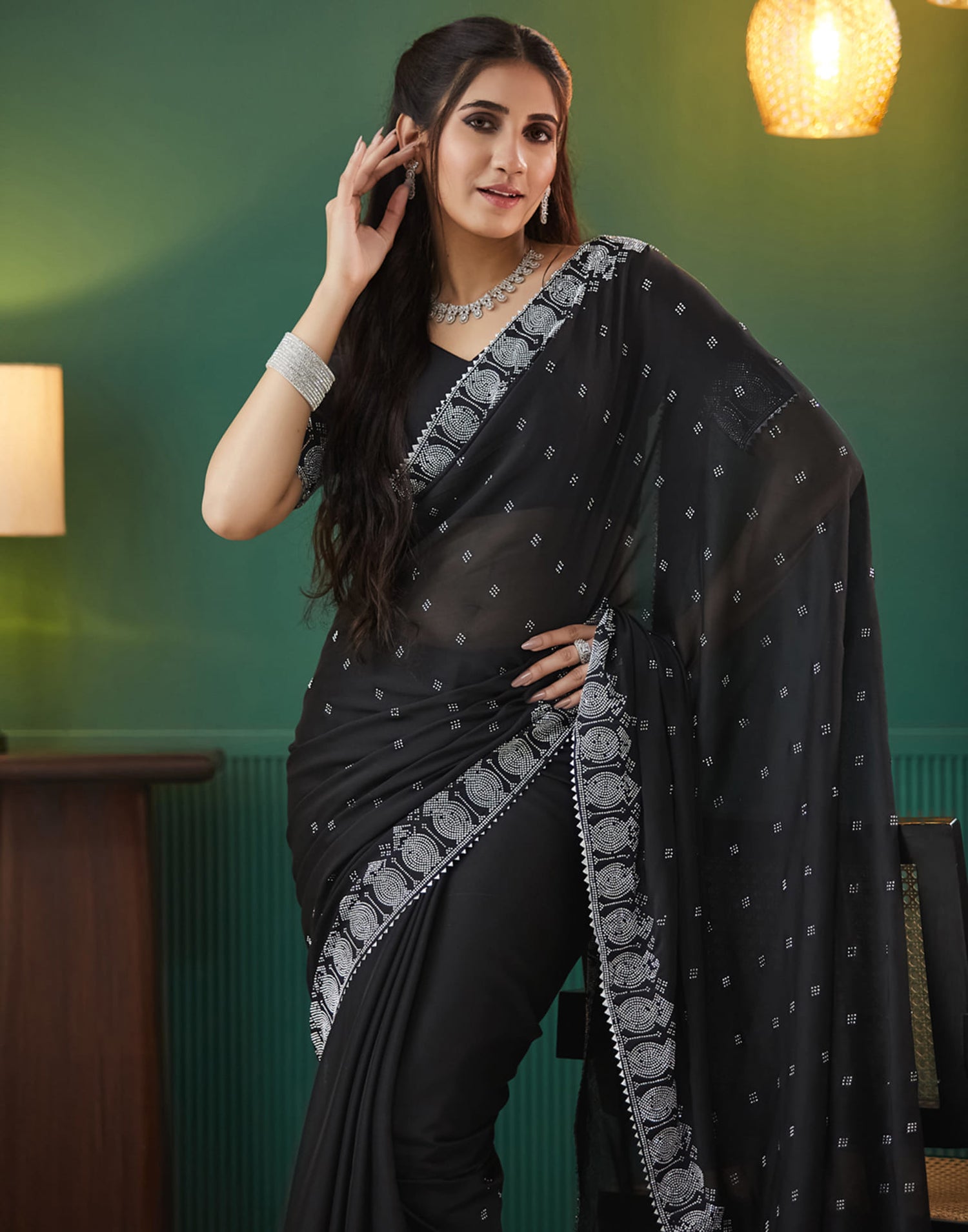 Black Georgette Swarovski Embellished Saree