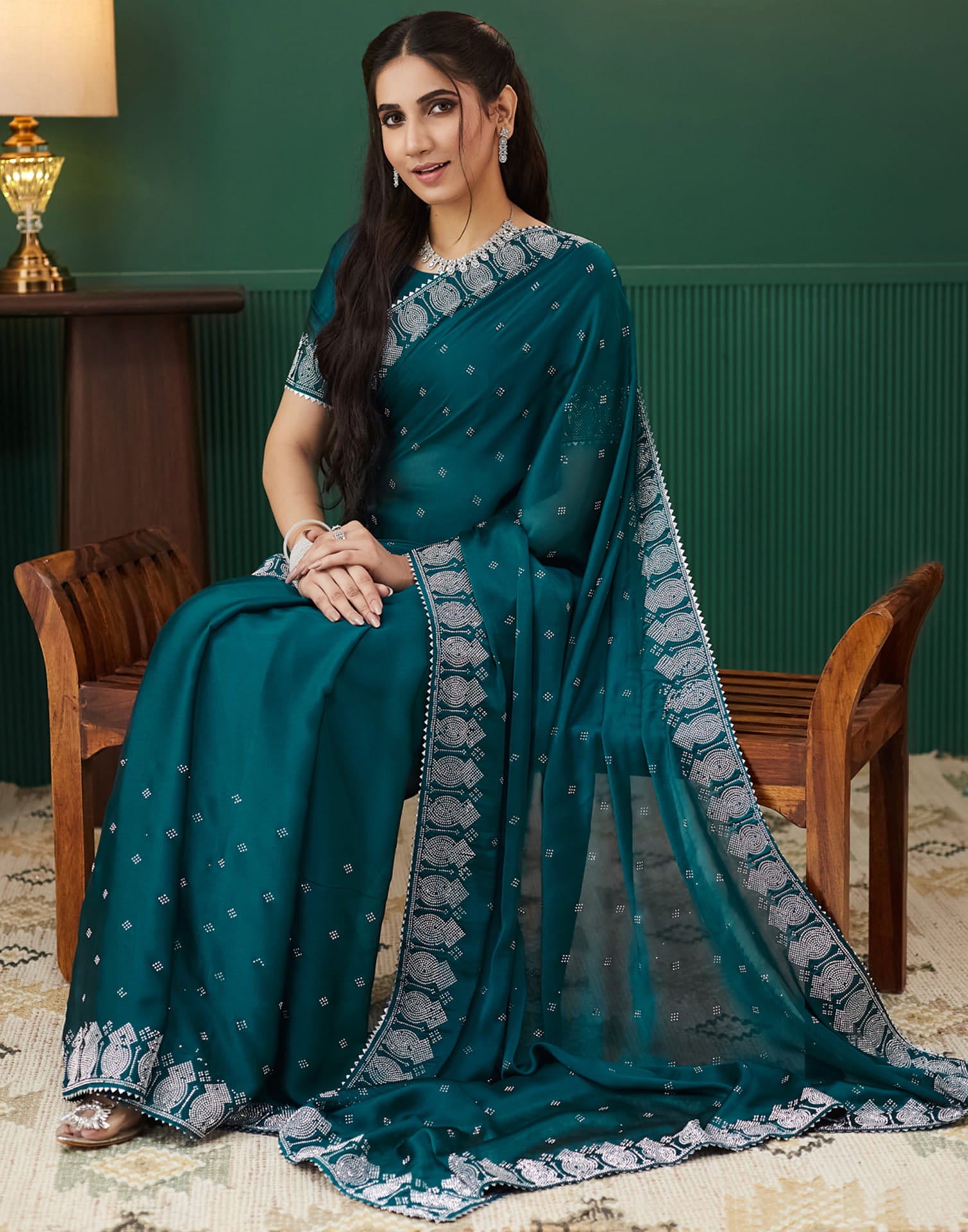 Green Georgette Swarovski Embellished Saree