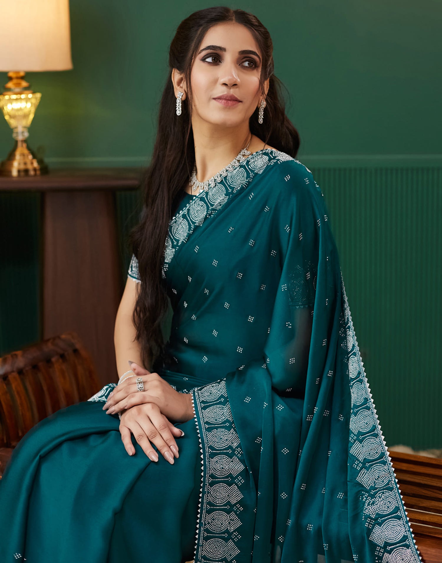 Green Georgette Swarovski Embellished Saree