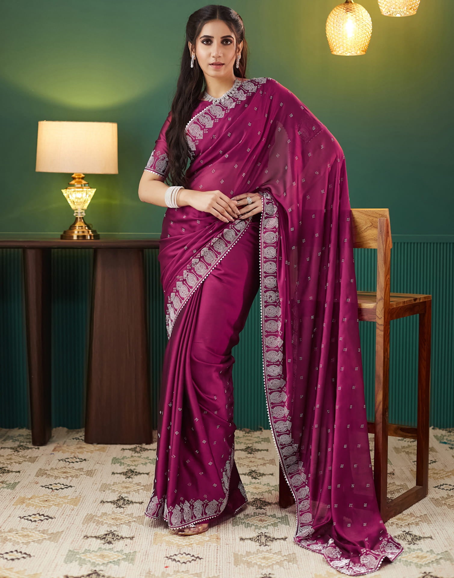 Pink Georgette Swarovski Embellished Saree