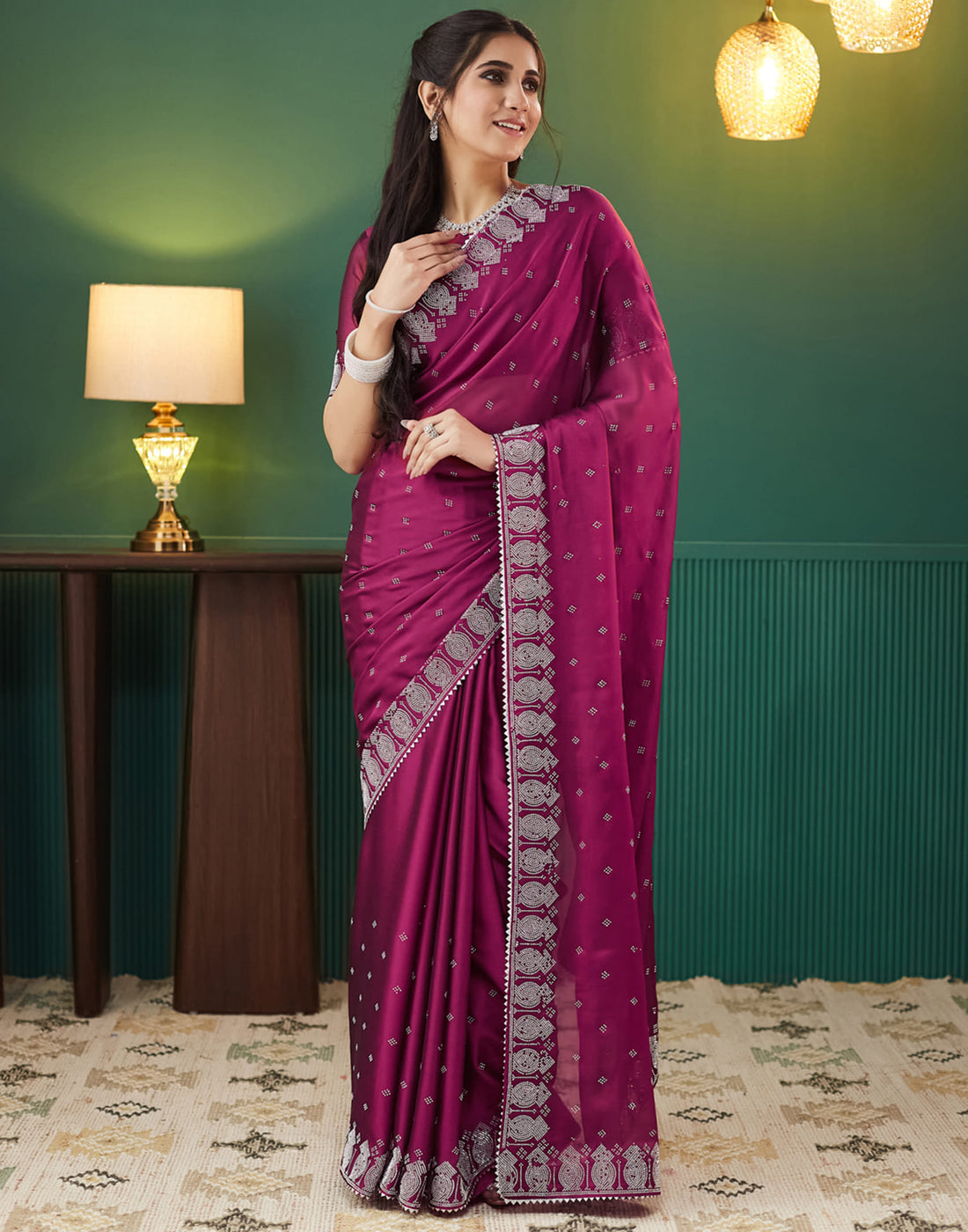 Pink Georgette Swarovski Embellished Saree