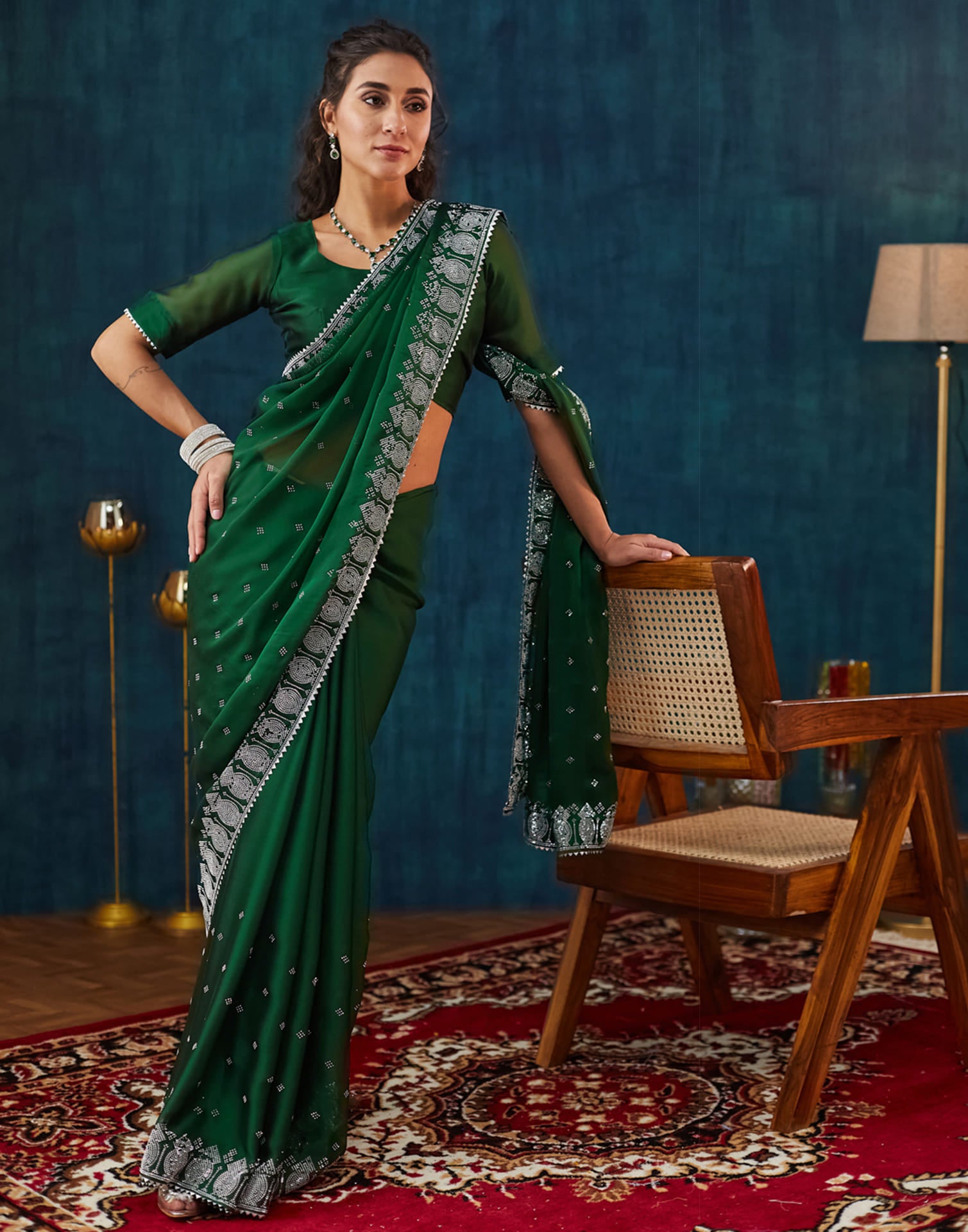 Green Georgette Swarovski Embellished Saree