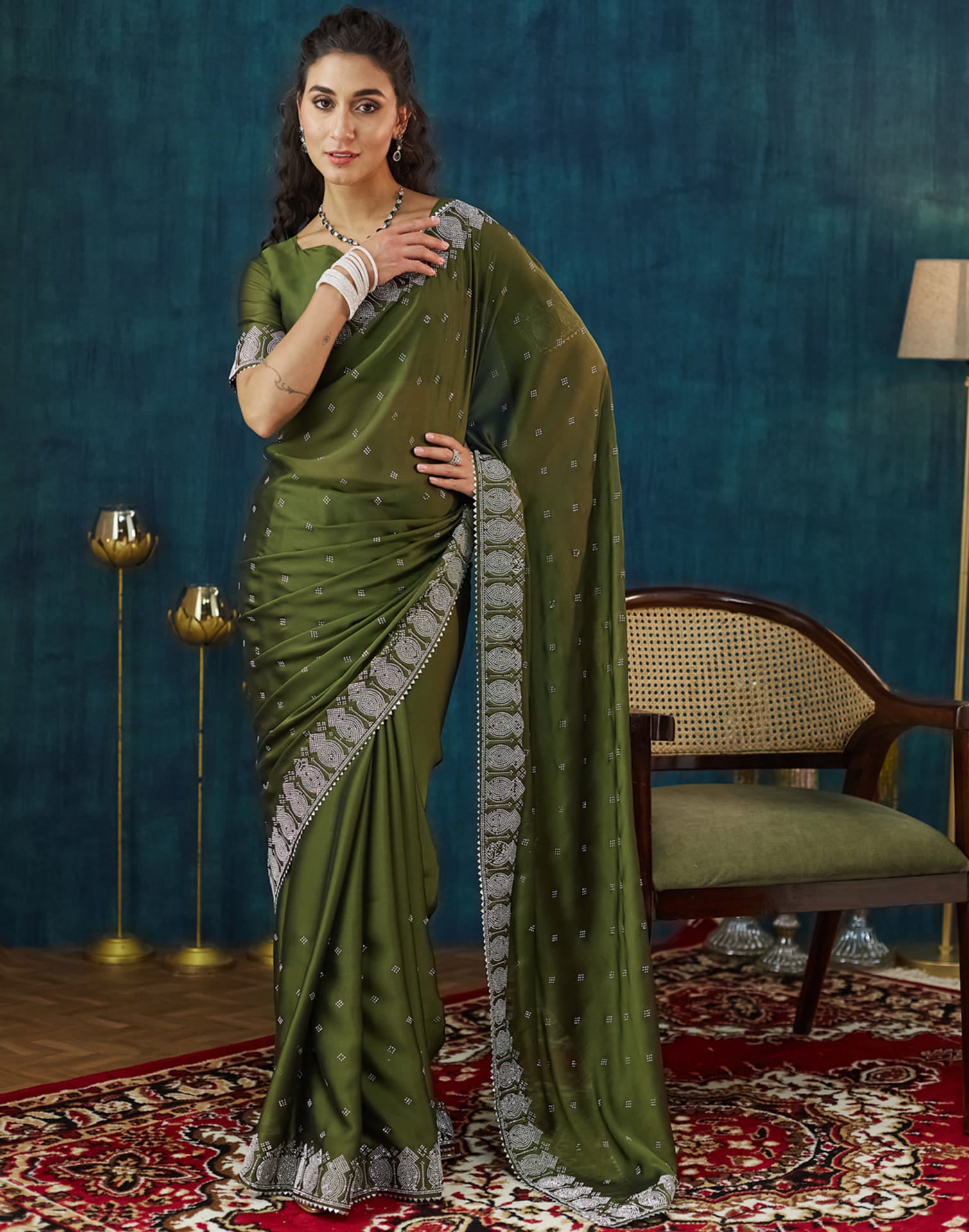 Green Georgette Swarovski Embellished Saree