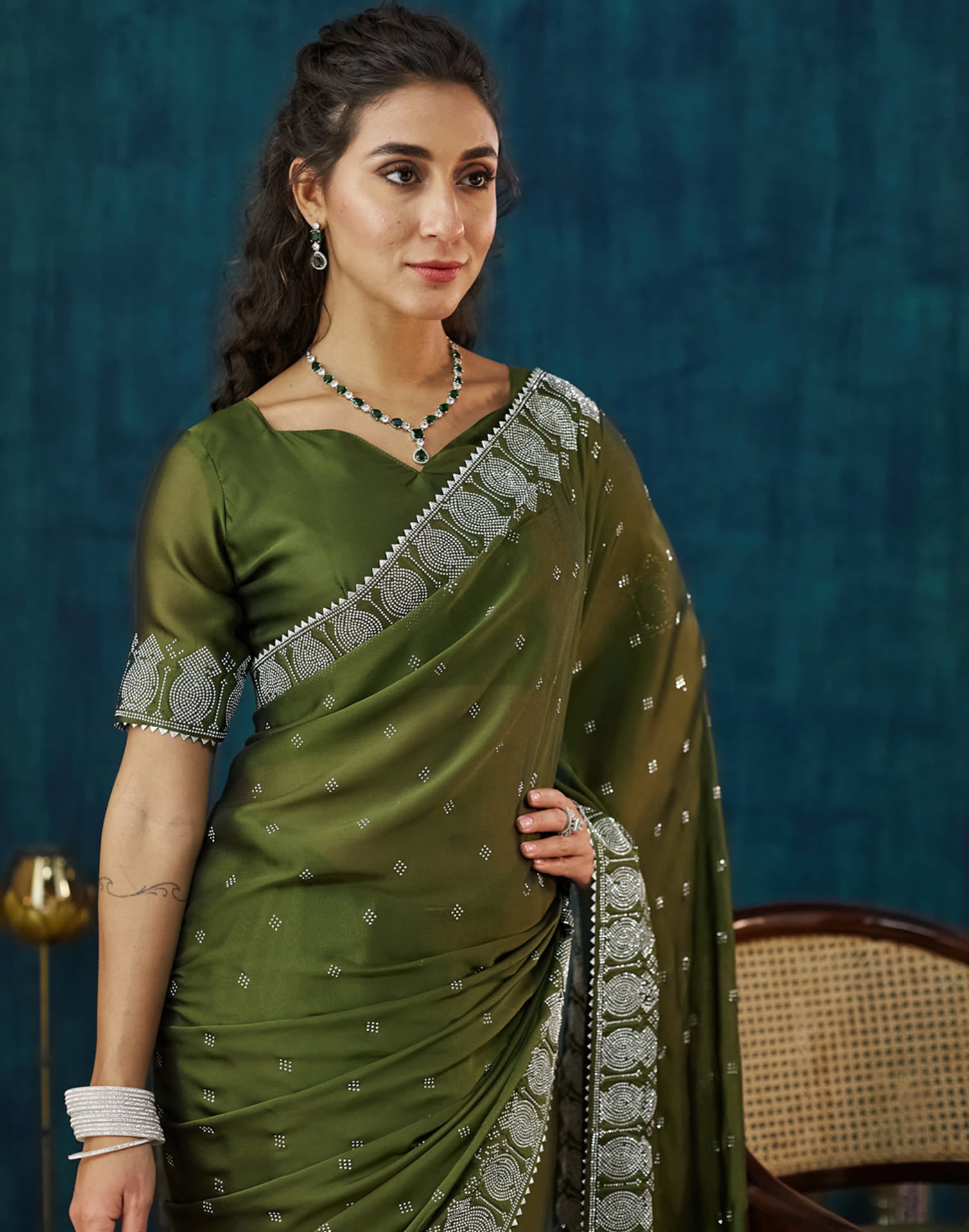 Green Georgette Swarovski Embellished Saree