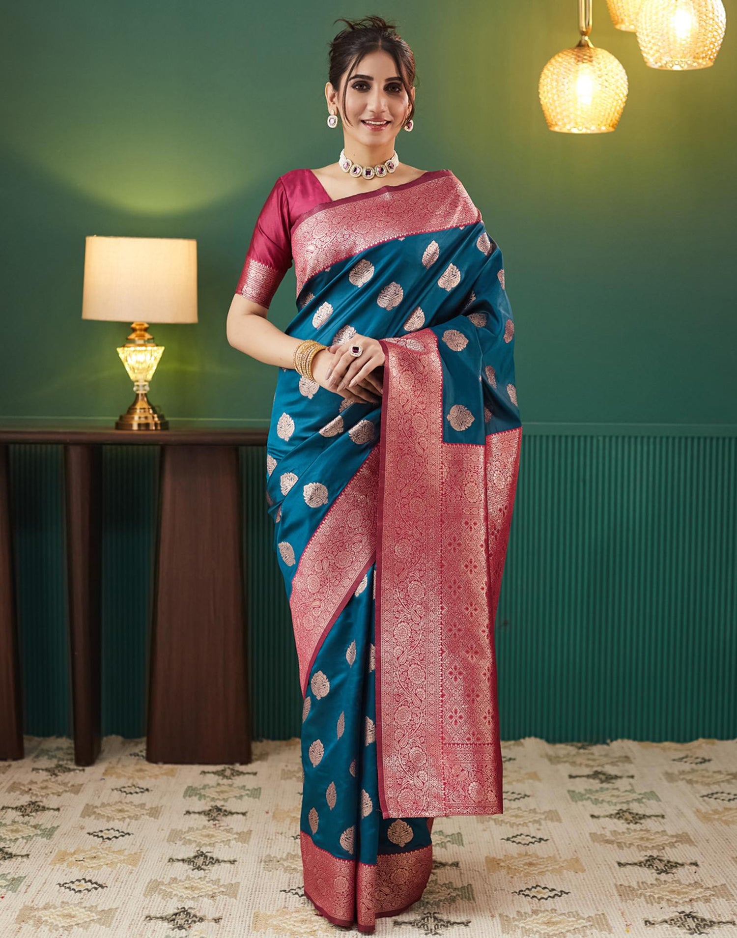 Teal Blue Silk Weaving Banarasi Saree