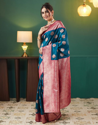 Teal Blue Silk Weaving Banarasi Saree