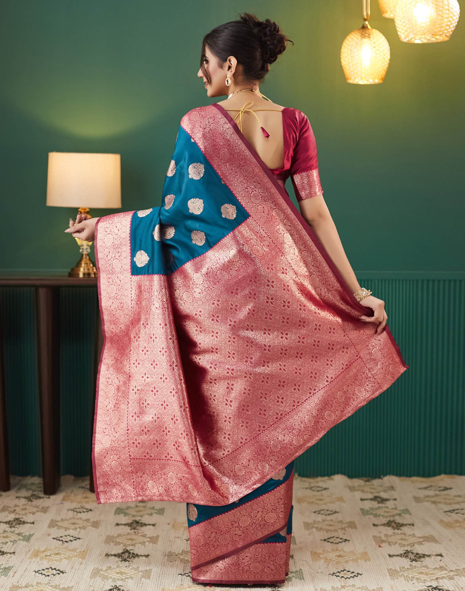 Teal Blue Silk Weaving Banarasi Saree