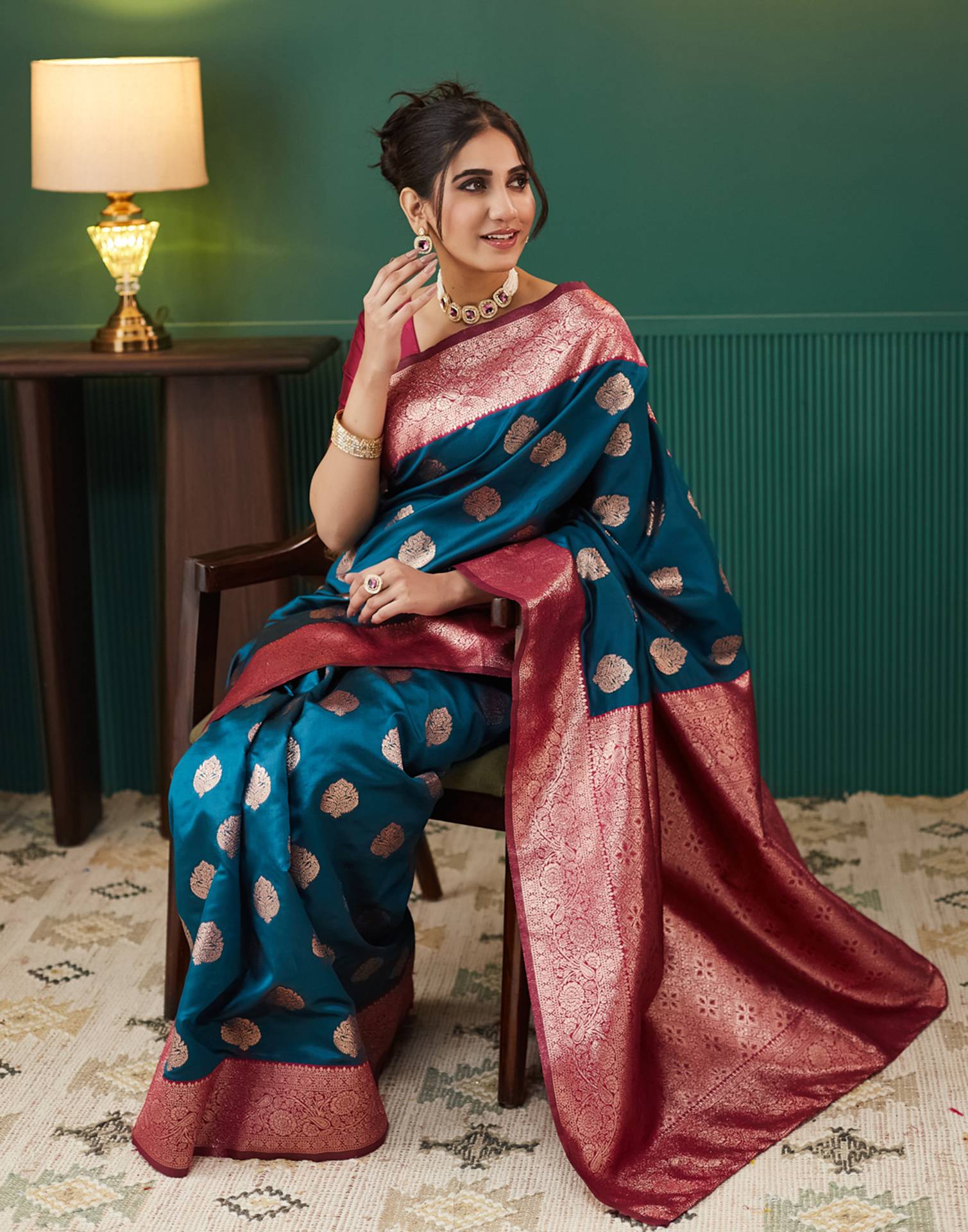 Teal Blue Silk Weaving Banarasi Saree