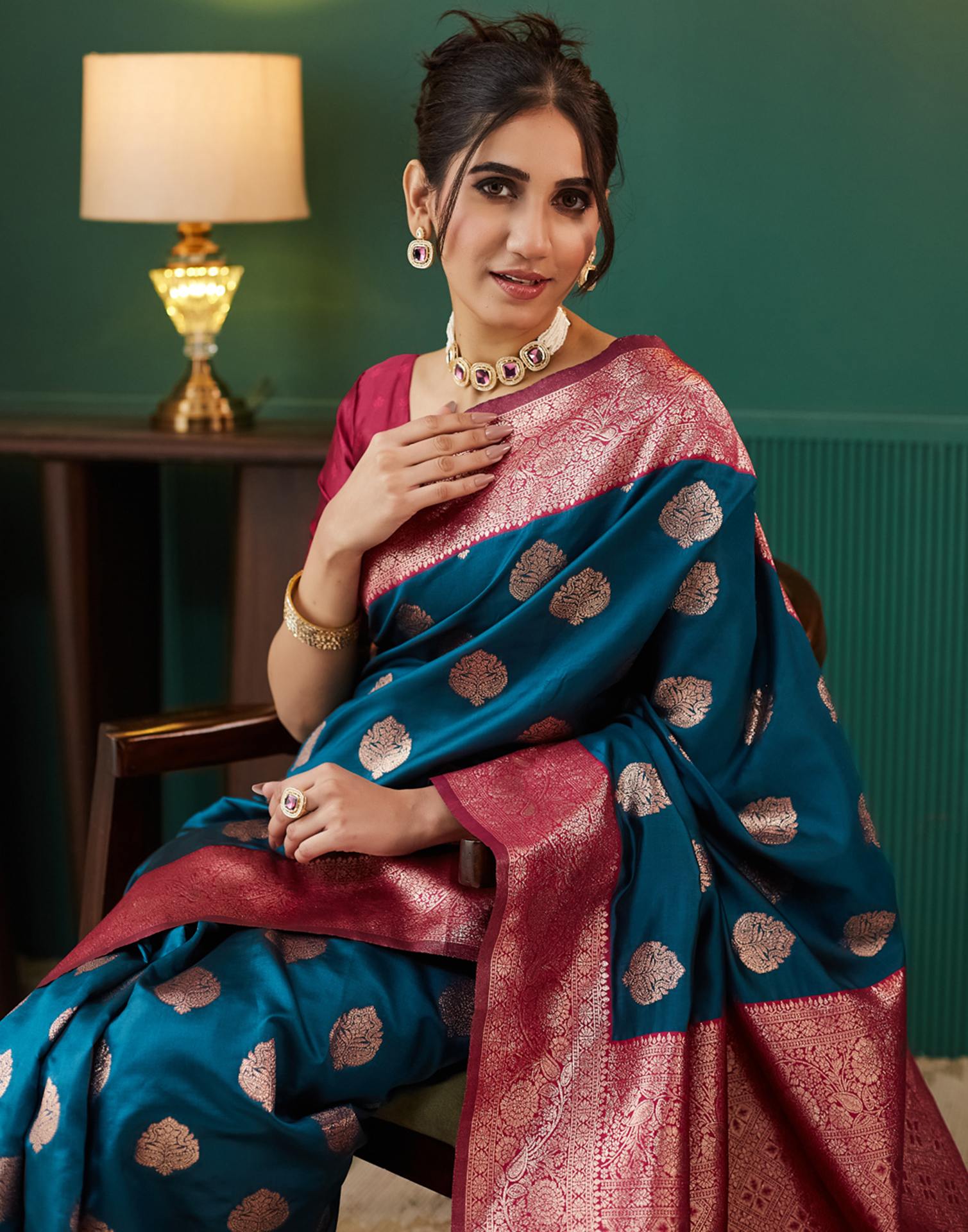 Teal Blue Silk Weaving Banarasi Saree