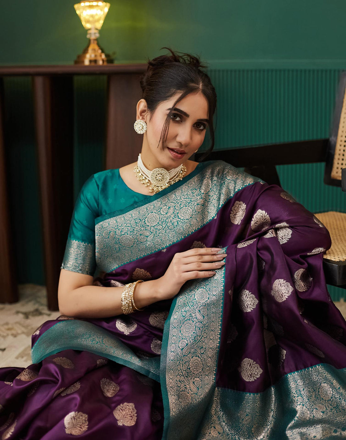 Purple Silk Blend Woven Banarasi Saree