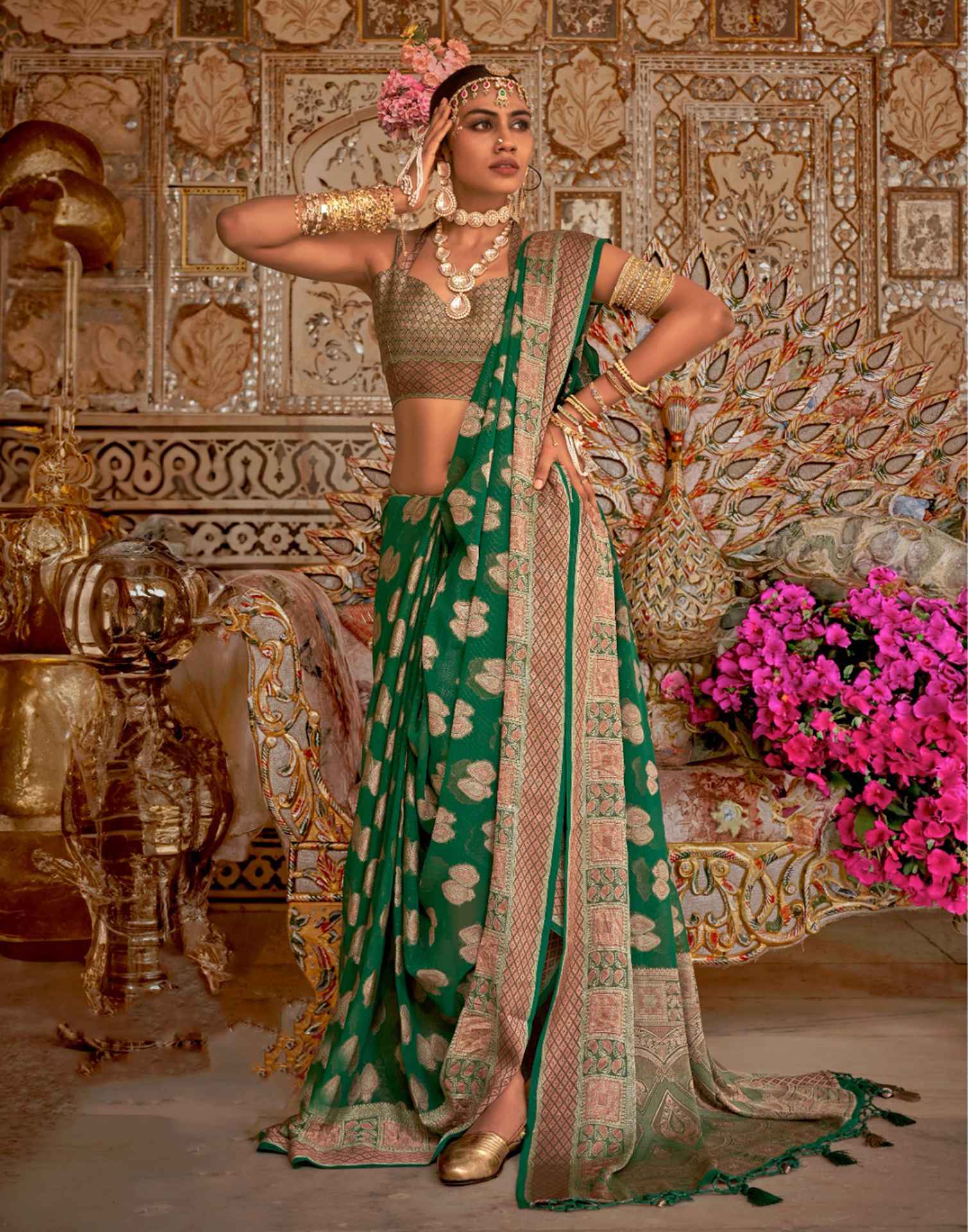 Dark Green Georgette Weaving Banarasi Saree