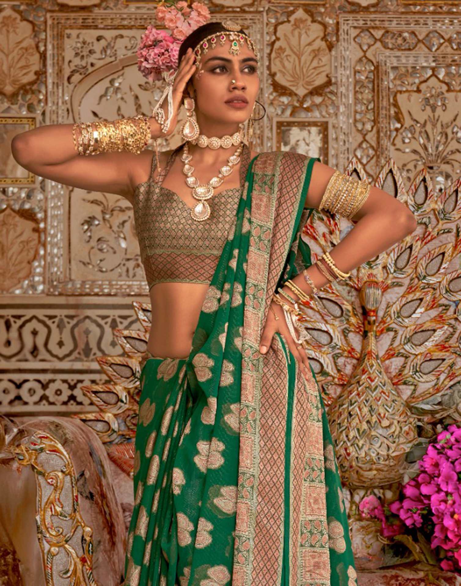 Dark Green Georgette Weaving Banarasi Saree