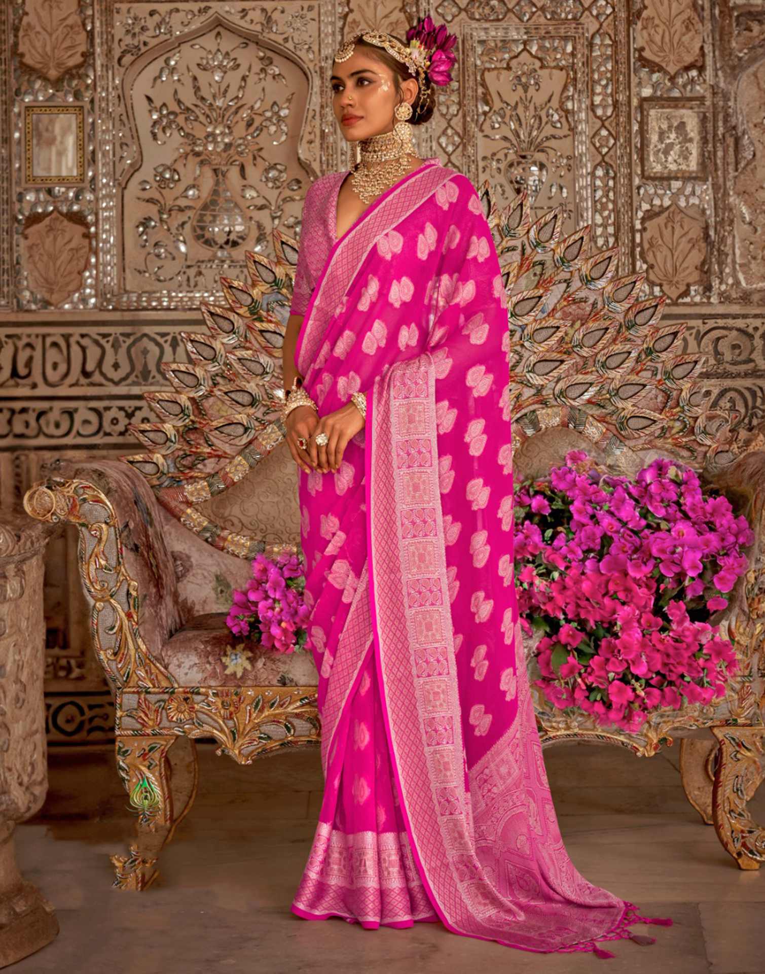 Bright Pink Georgette Weaving Banarasi Saree