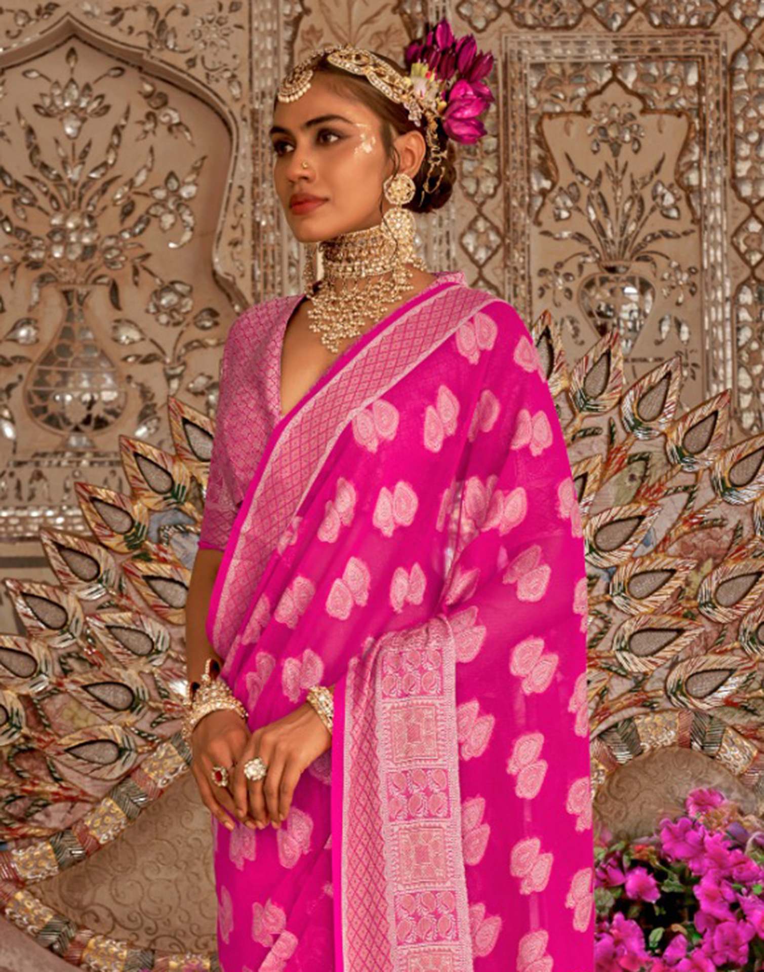 Bright Pink Georgette Weaving Banarasi Saree