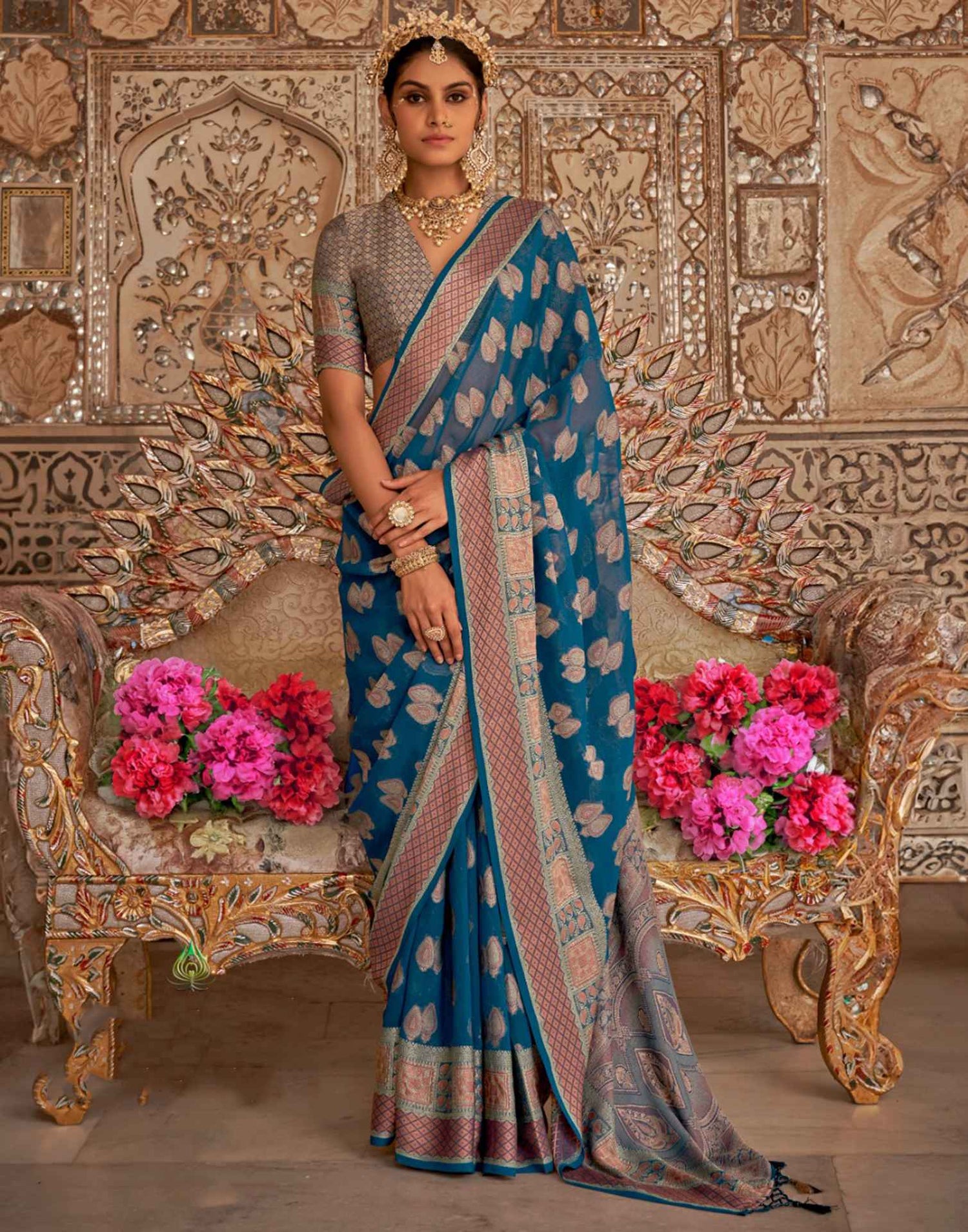 Rama Blue Georgette Weaving Banarasi Saree