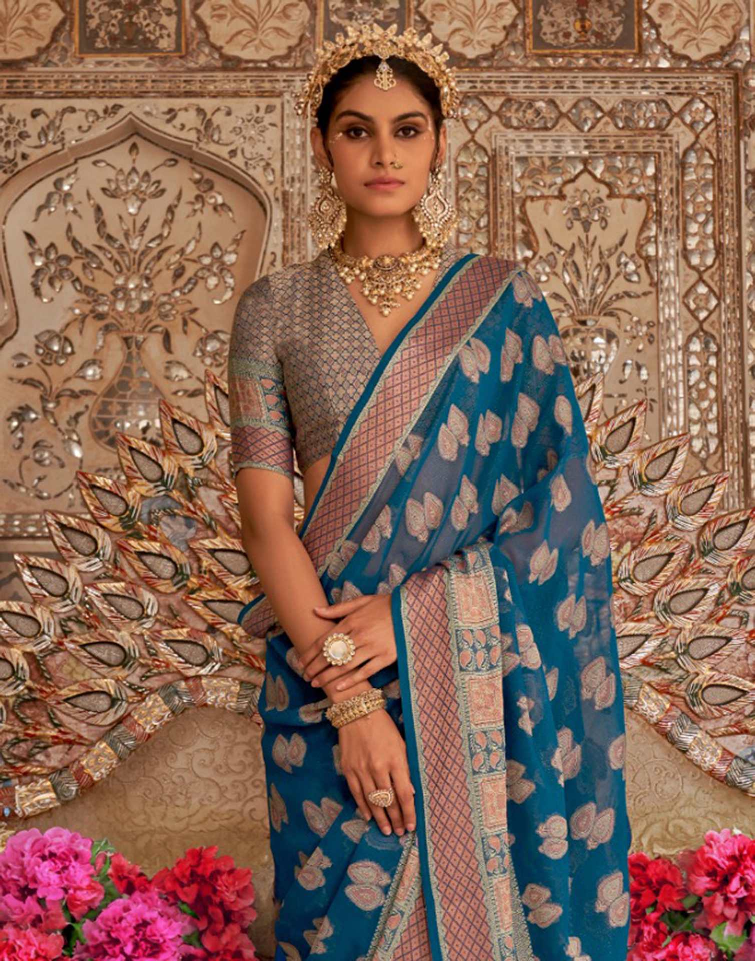 Rama Blue Georgette Weaving Banarasi Saree