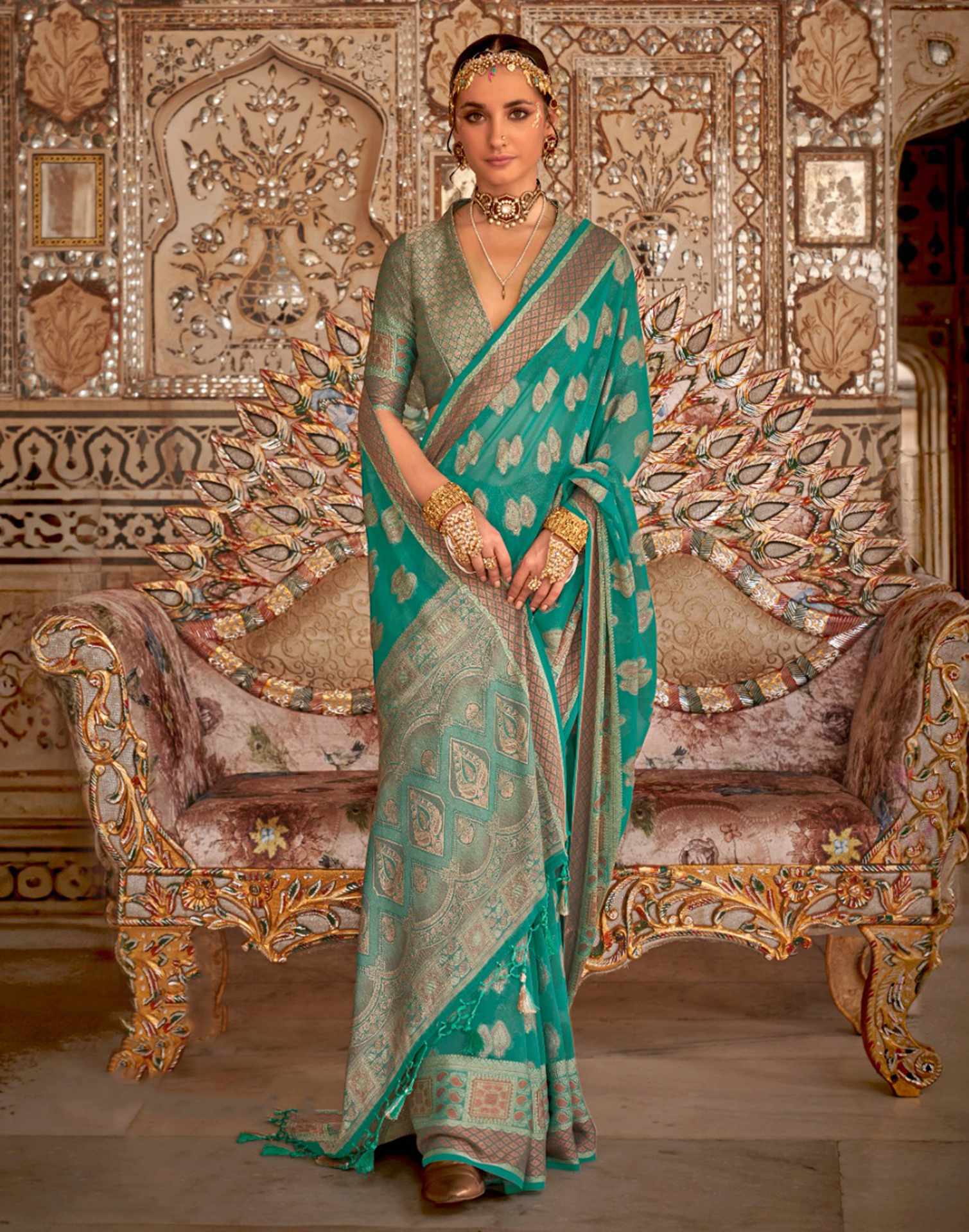 Teal Green Georgette Weaving Banarasi Saree