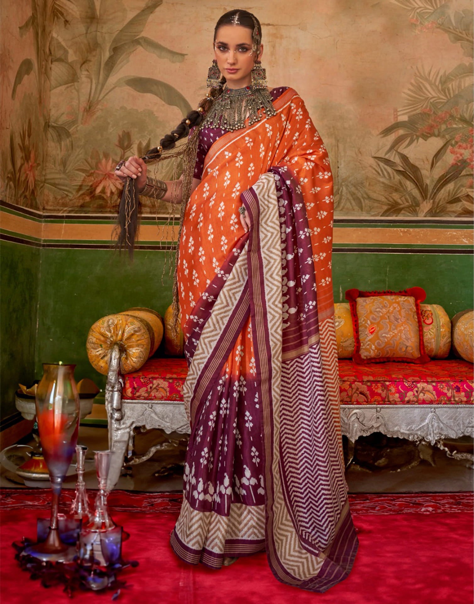 Orange Silk Printed Saree