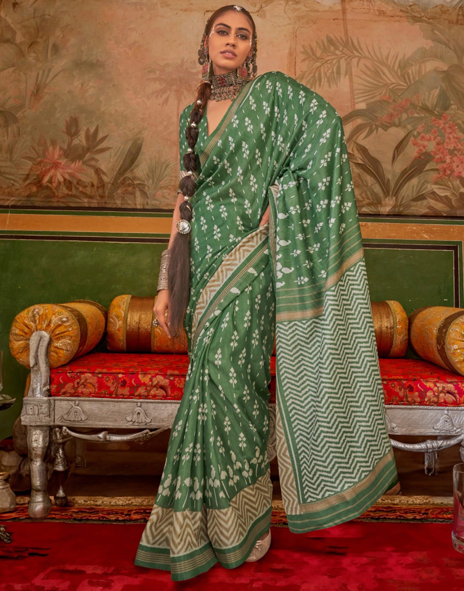 Dusty Green Silk Printed Saree