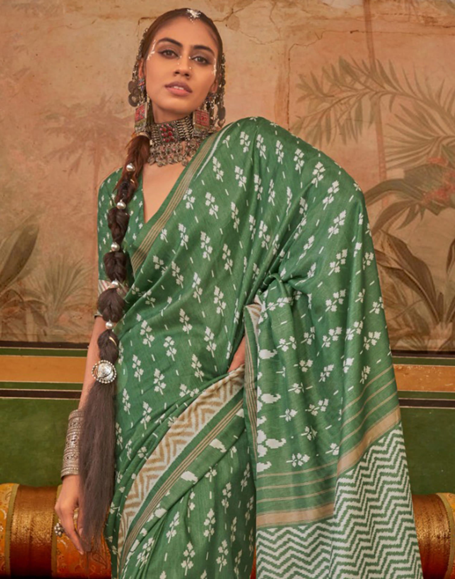 Dusty Green Silk Printed Saree