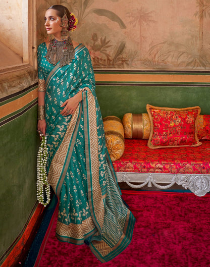 Teal Blue Silk Printed Saree