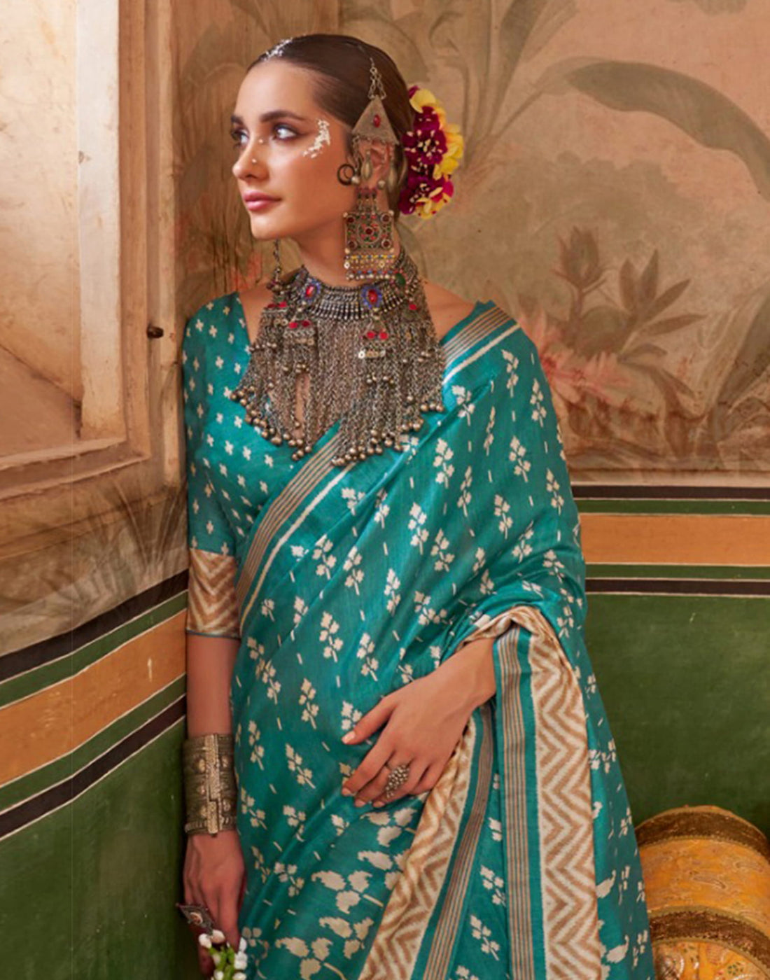 Teal Blue Silk Printed Saree