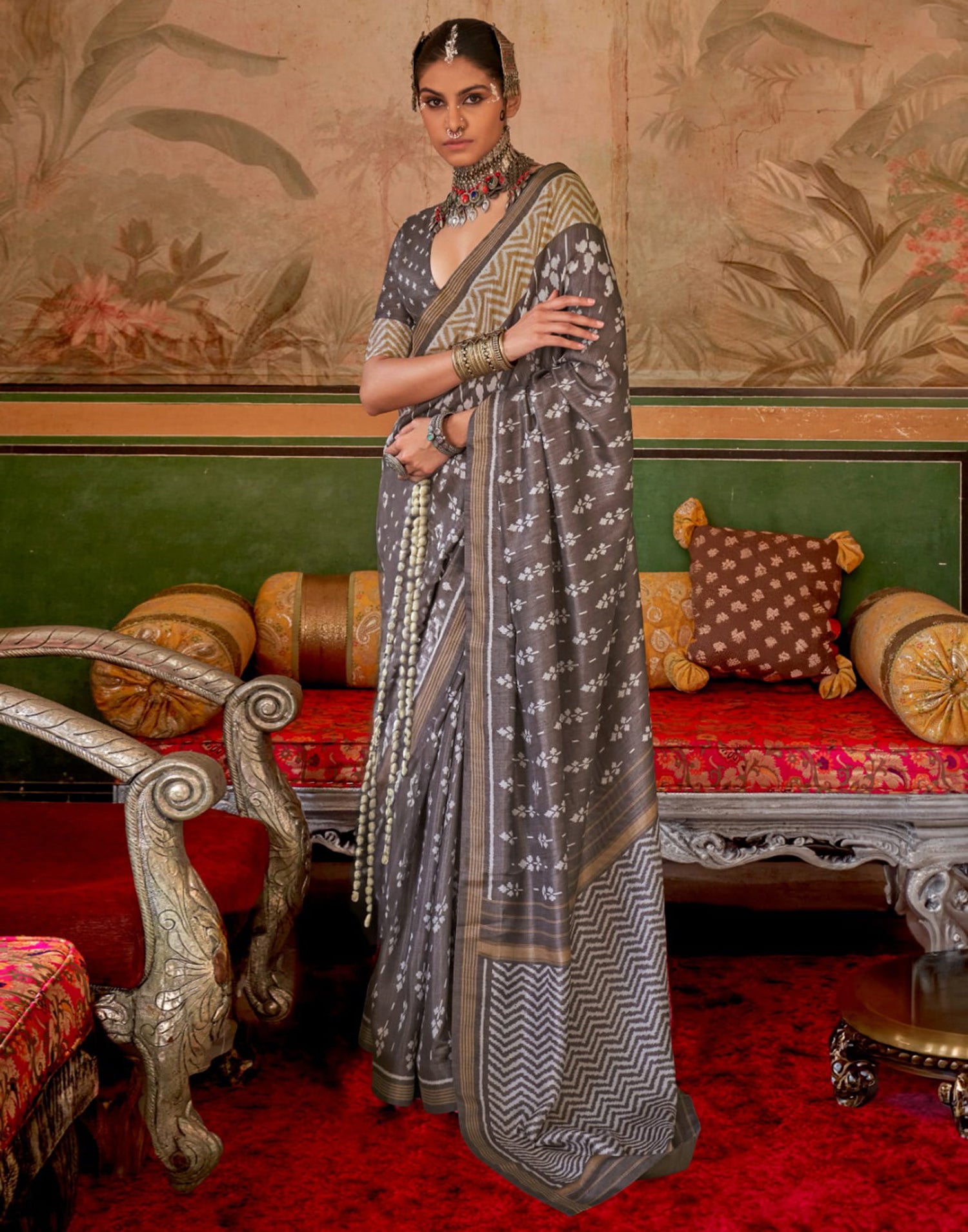 Grey Silk Printed Saree