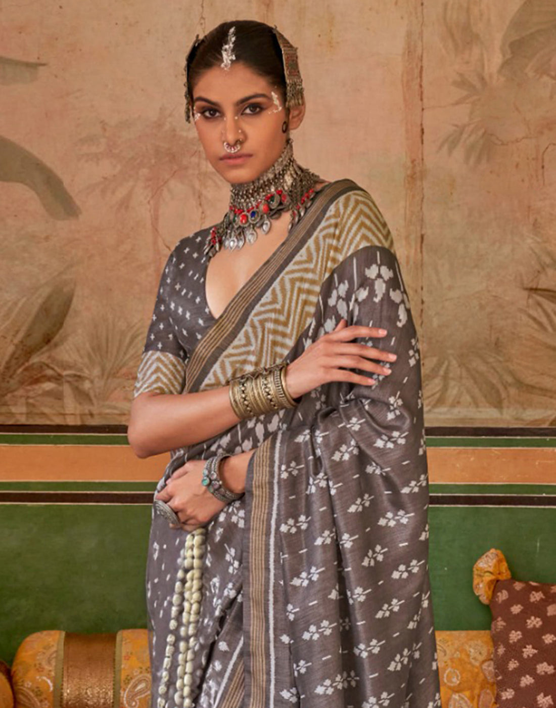 Grey Silk Printed Saree