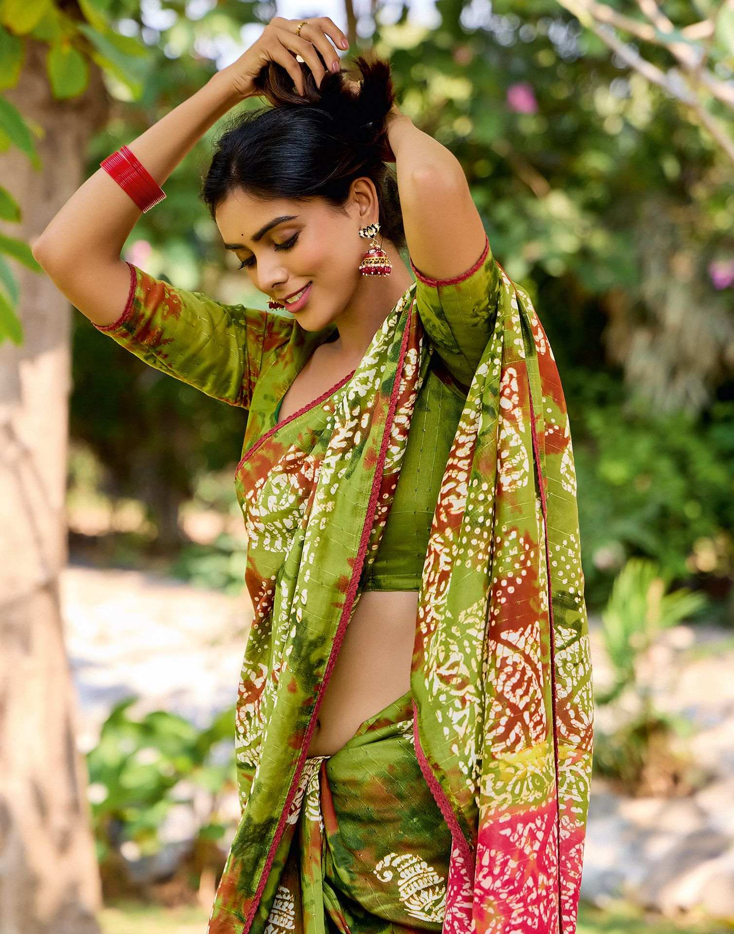 Olive Green Cotton Printed Saree