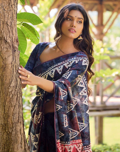 Dark Grey Cotton Printed Saree