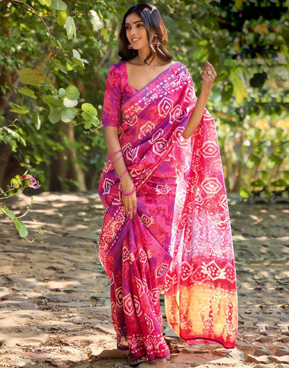 Dark Pink Cotton Printed Saree