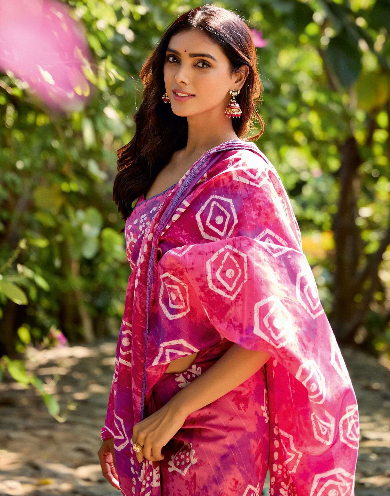 Dark Pink Cotton Printed Saree