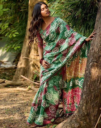 Dark Green Cotton Printed Saree