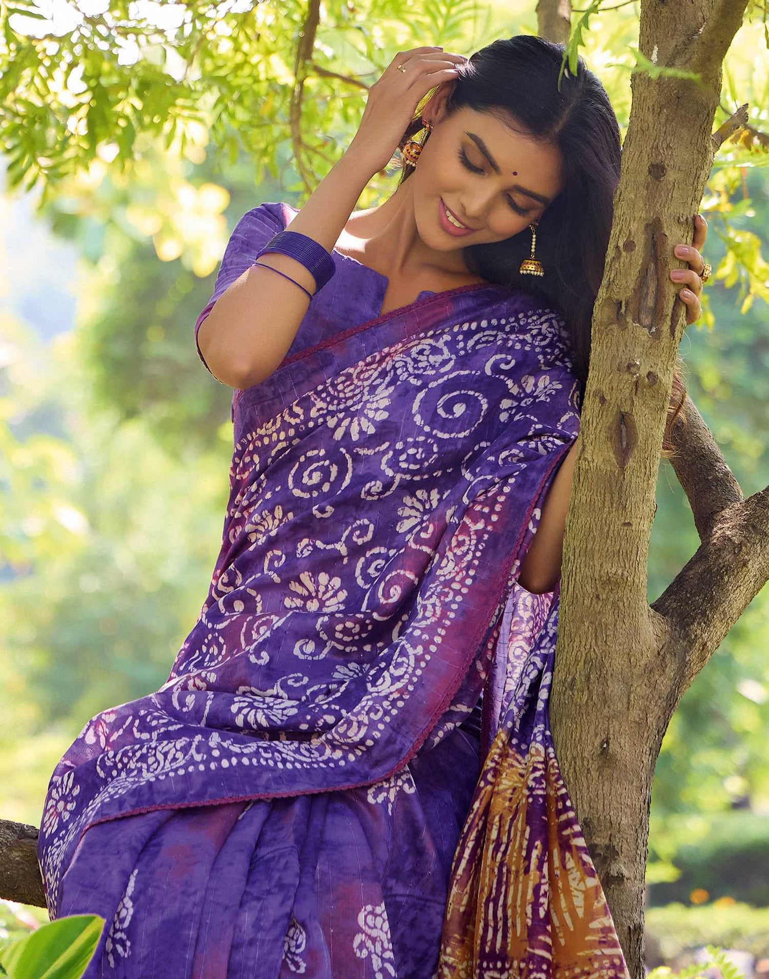 Purple Cotton Printed Saree