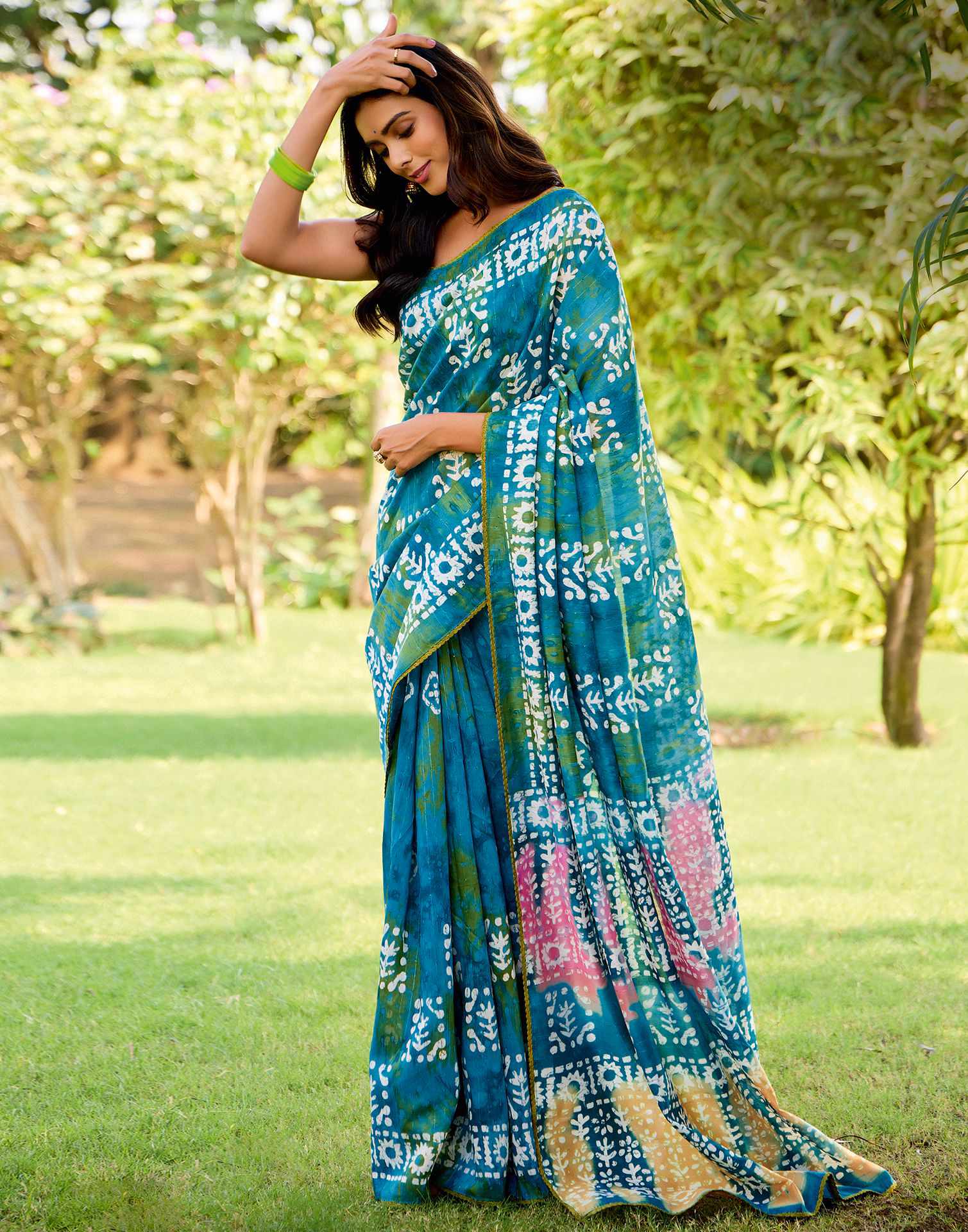 Teal Blue Cotton Printed Saree