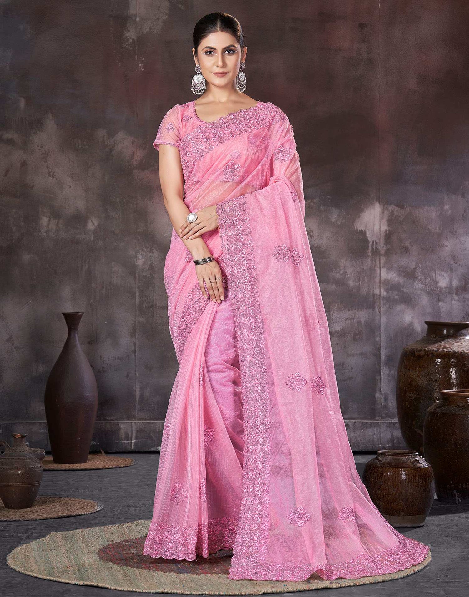 Pink Organza Embroidery Embellished  Saree