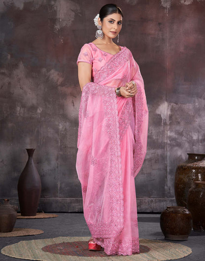 Pink Organza Embroidery Embellished  Saree