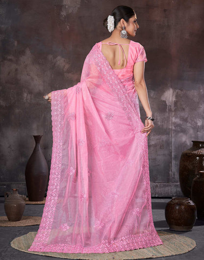 Pink Organza Embroidery Embellished  Saree