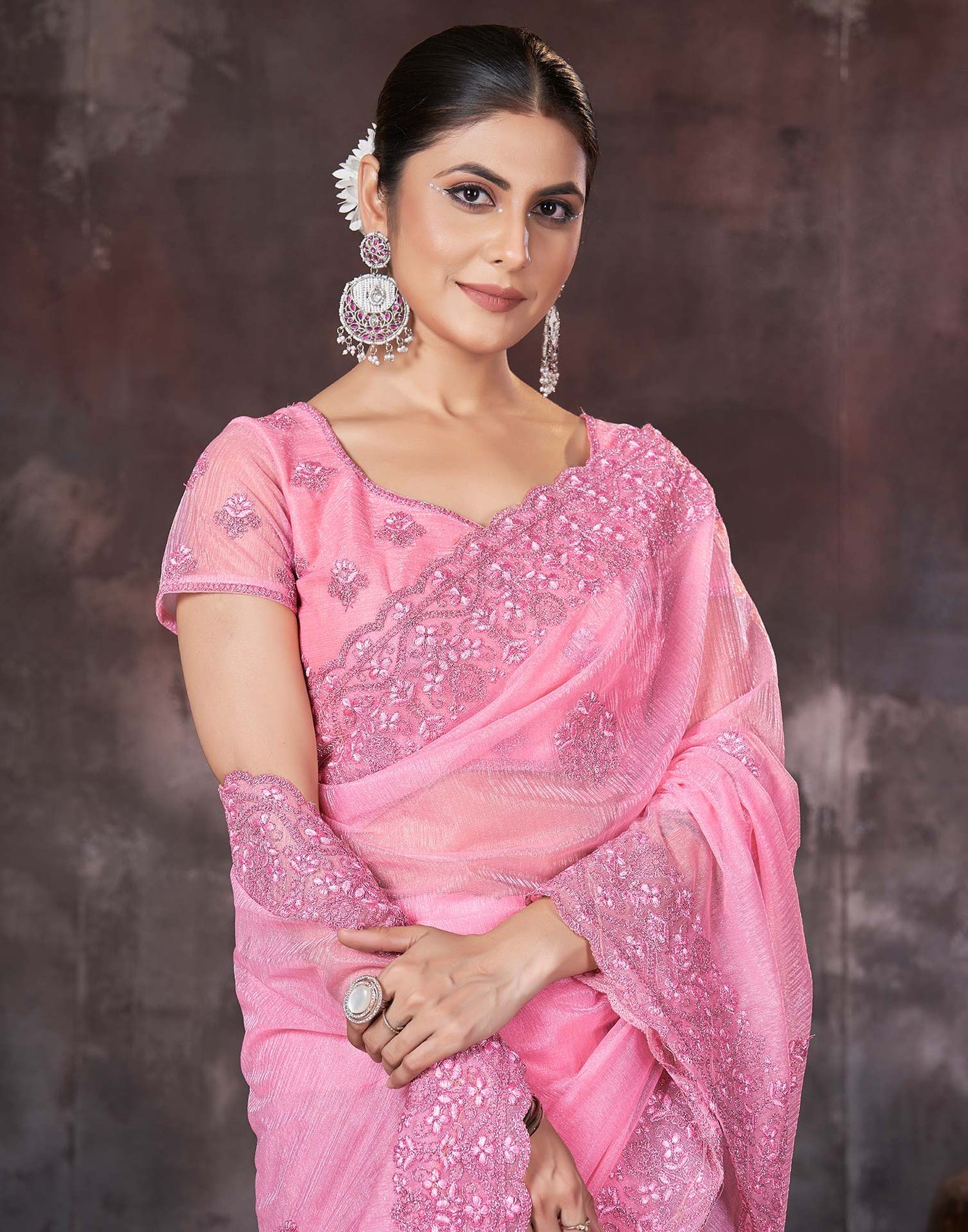 Pink Organza Embroidery Embellished  Saree