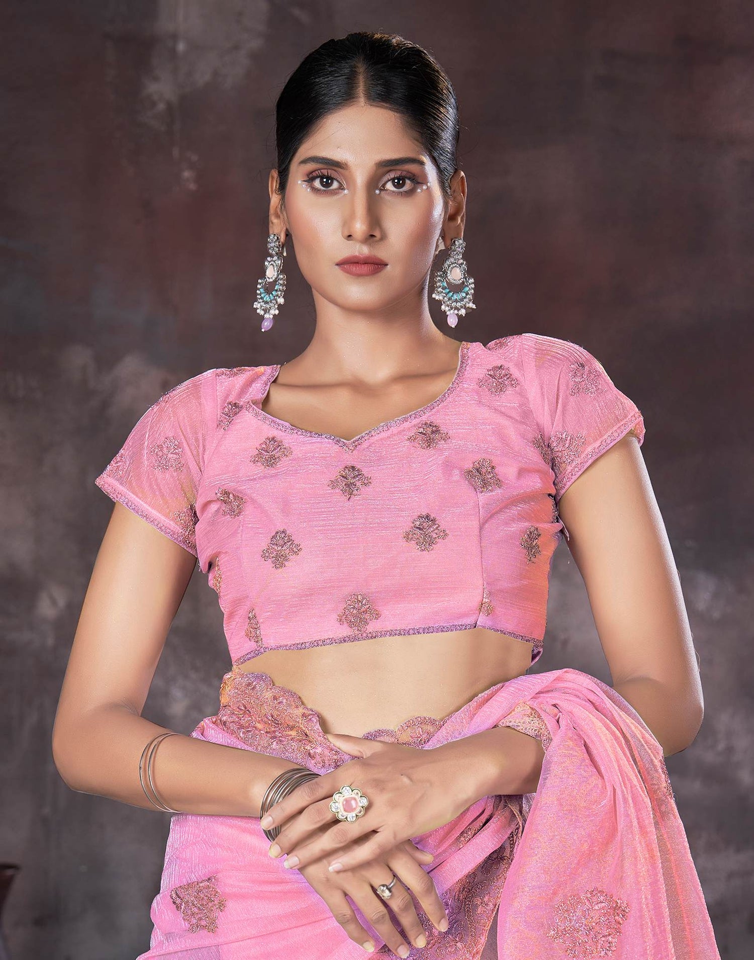 Pink Organza Embroidery Embellished  Saree