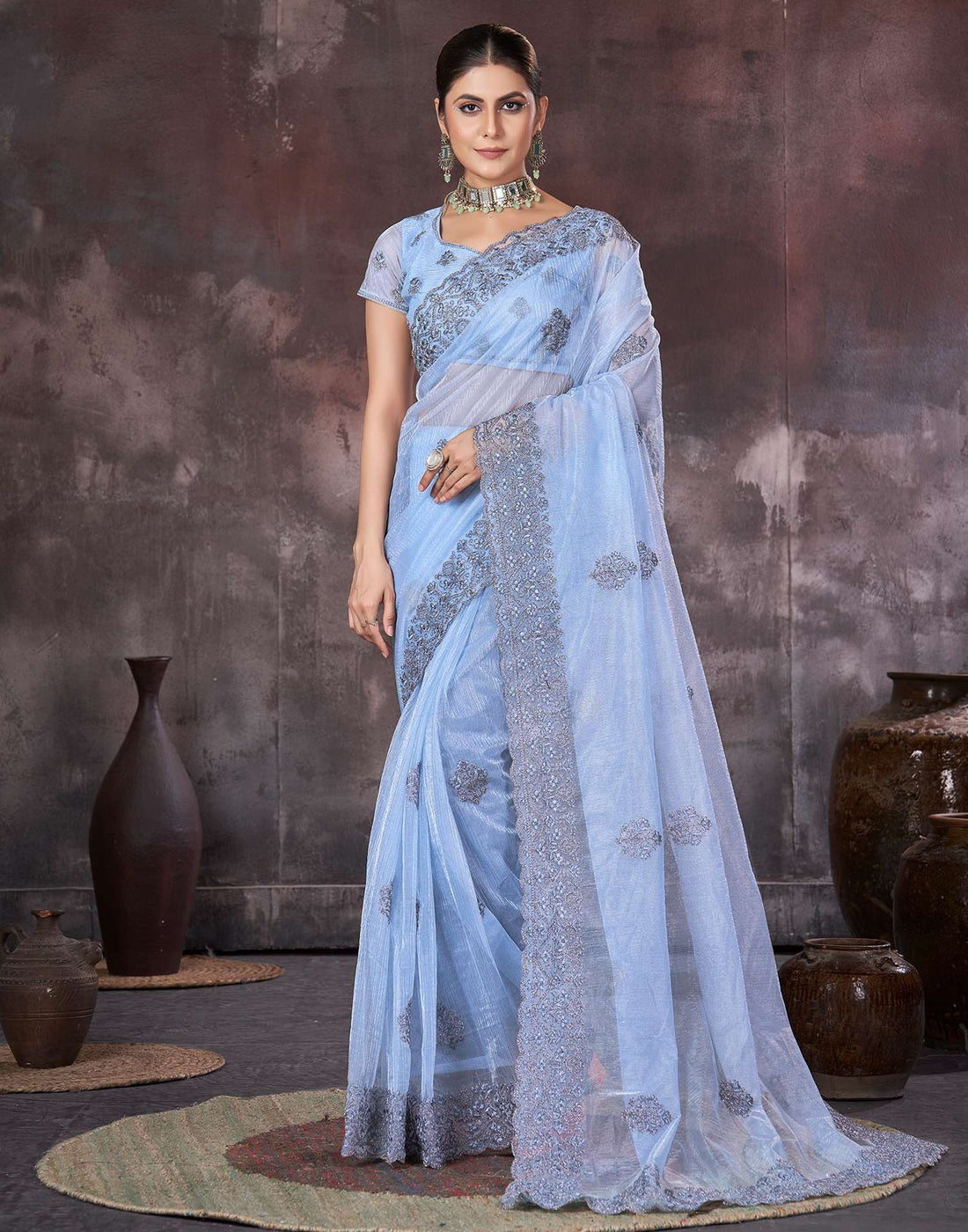 Blue Organza Embroidery Embellished Saree