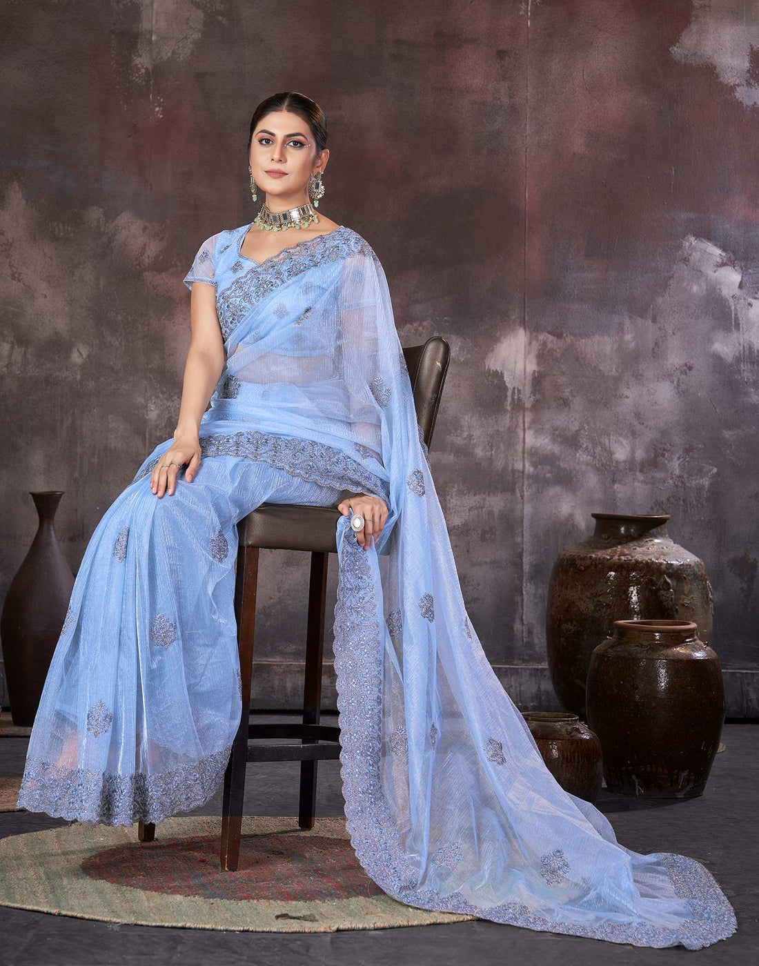 Cloudy Blue Organza Embroidery Embellished  Saree