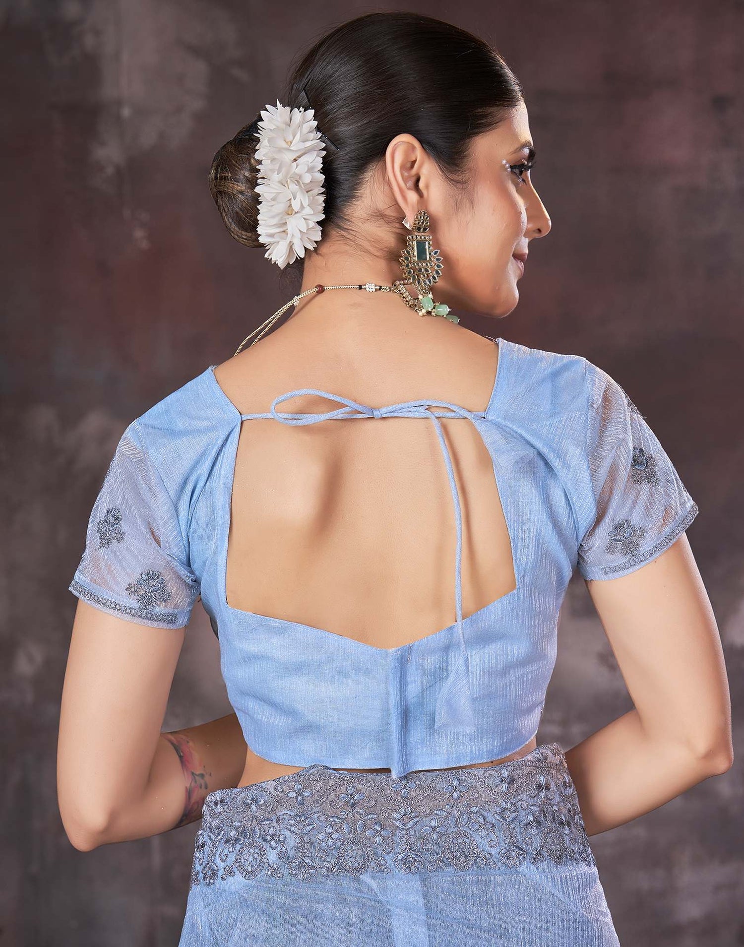 Cloudy Blue Organza Embroidery Embellished  Saree